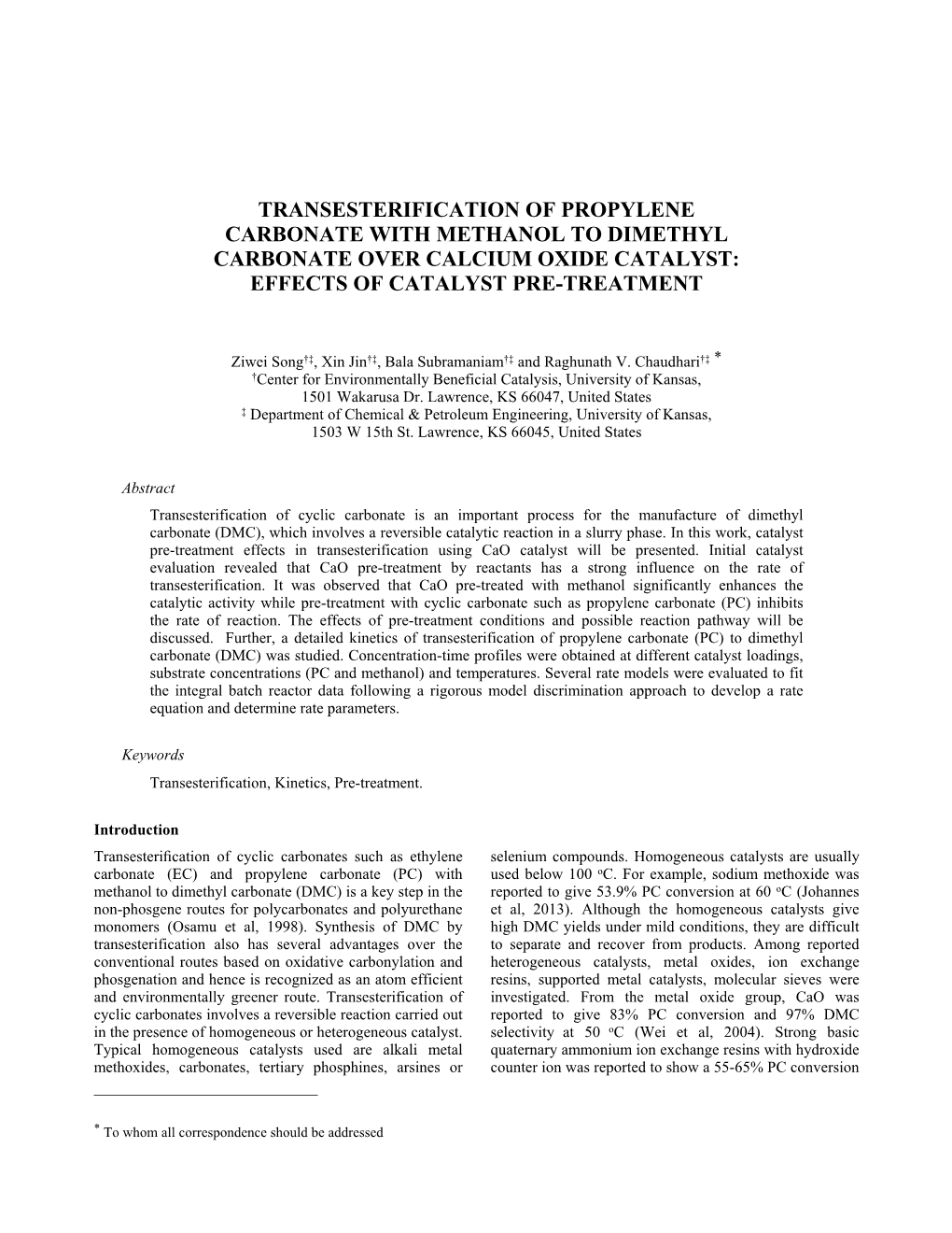 Transesterification of Propylene Carbonate with Methanol to Dimethyl Carbonate Over Calcium Oxide Catalyst: Effects of Catalyst Pre-Treatment