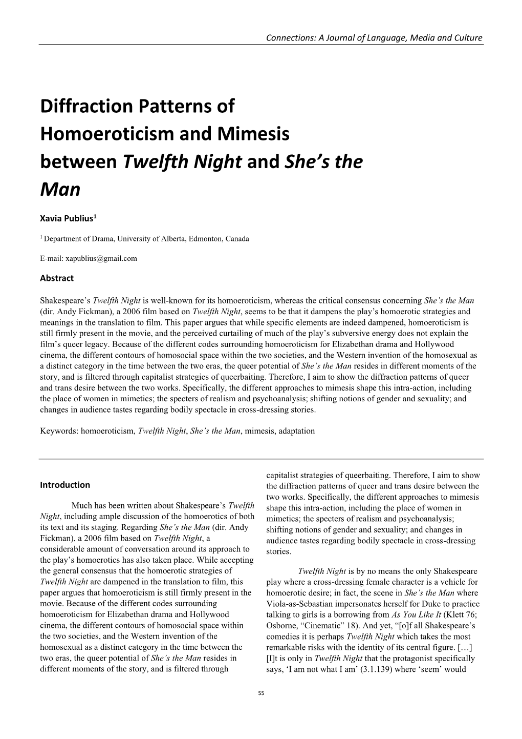 Diffraction Patterns of Homoeroticism and Mimesis Between Twelfth Night and She’S the Man