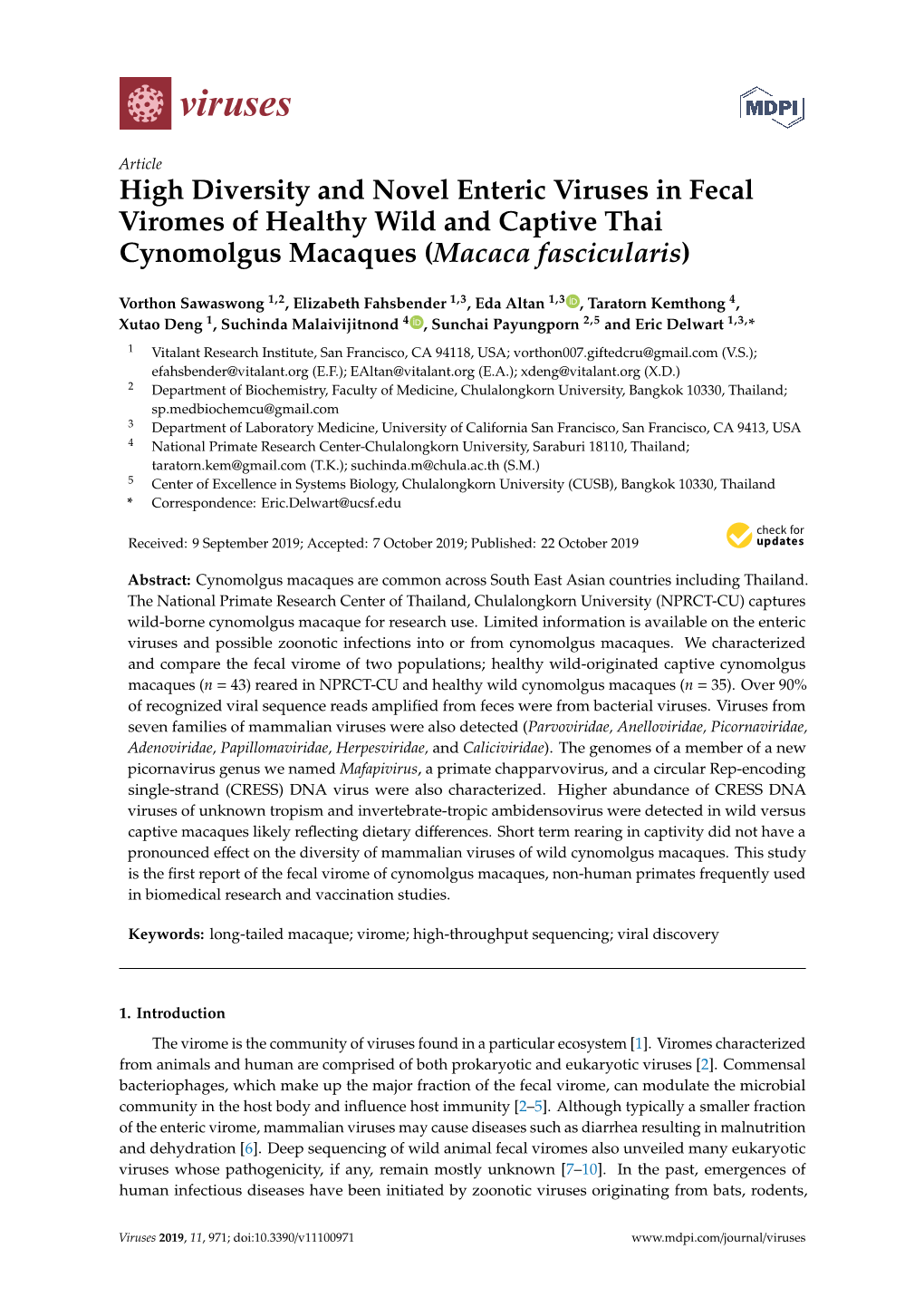 High Diversity and Novel Enteric Viruses in Fecal Viromes of Healthy Wild and Captive Thai Cynomolgus Macaques (Macaca Fascicularis)