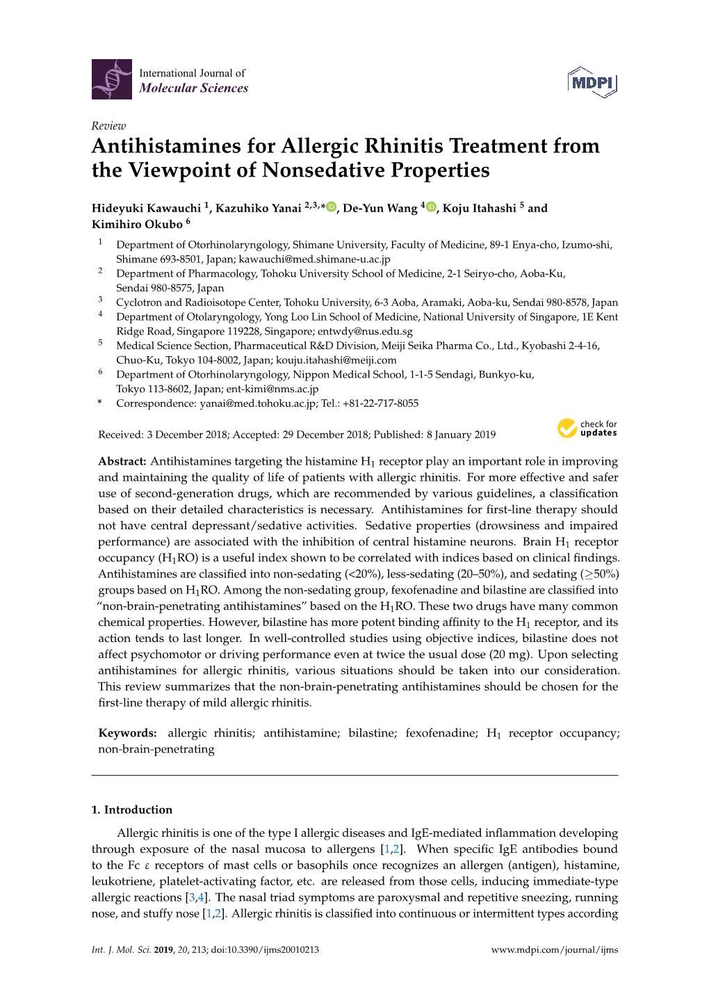 Antihistamines for Allergic Rhinitis Treatment from the Viewpoint of Nonsedative Properties