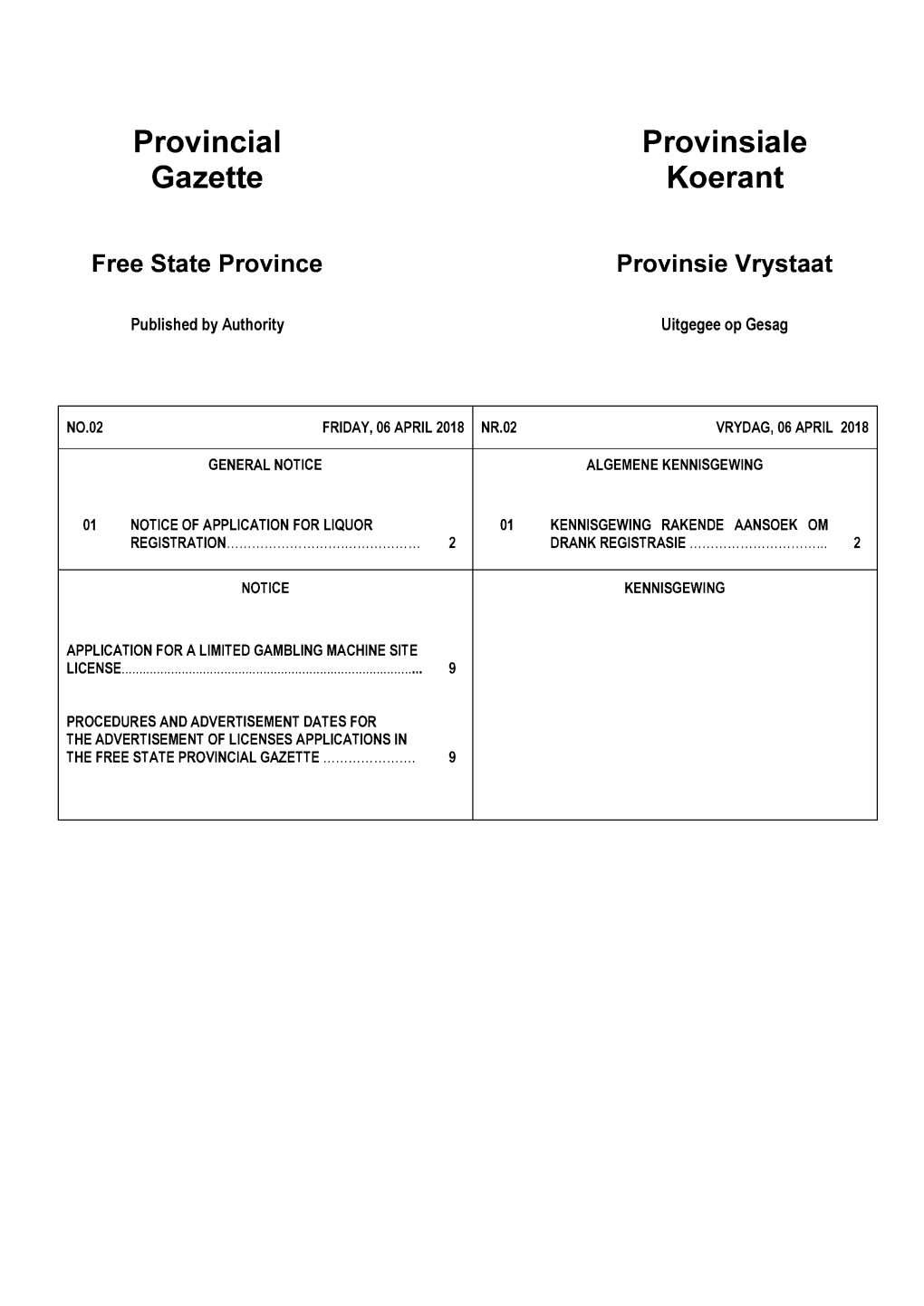 Free State Province Provinsie Vrystaat