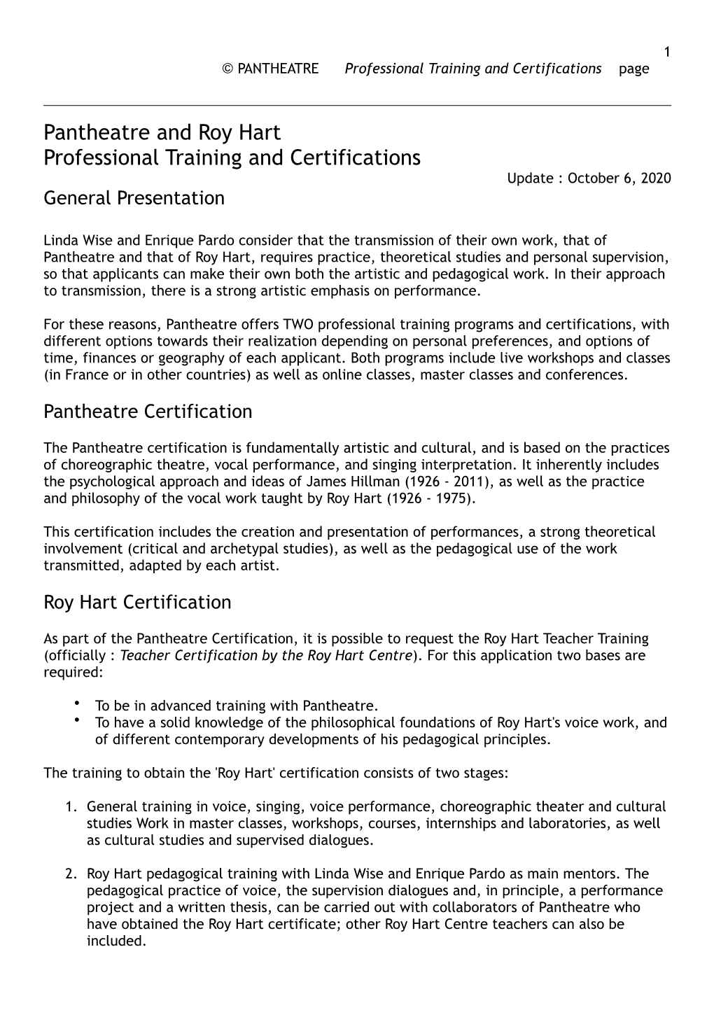 Pantheatre and Roy Hart Professional Training and Certifications Update : October 6, 2020 General Presentation