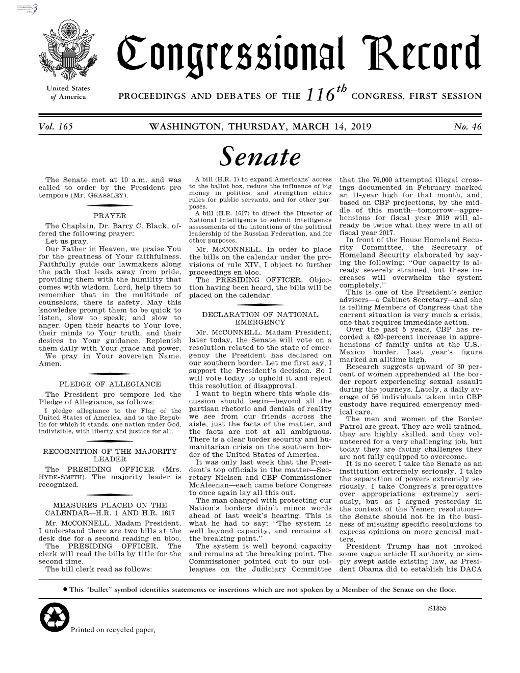 Congressional Record United States Th of America PROCEEDINGS and DEBATES of the 116 CONGRESS, FIRST SESSION