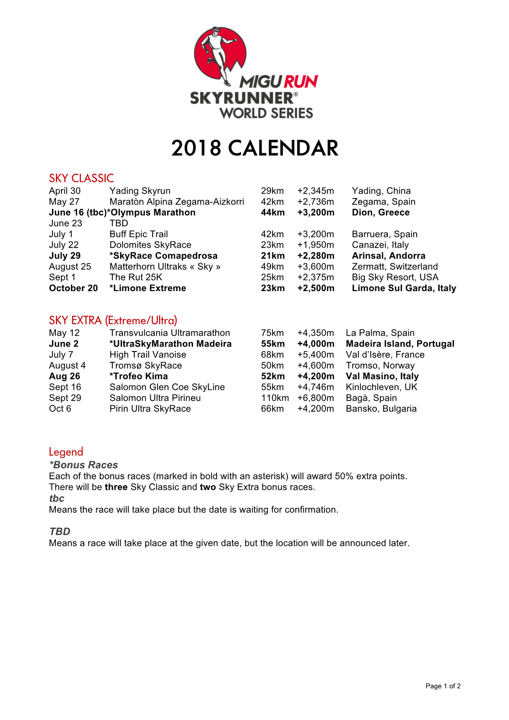 2018 Calendar