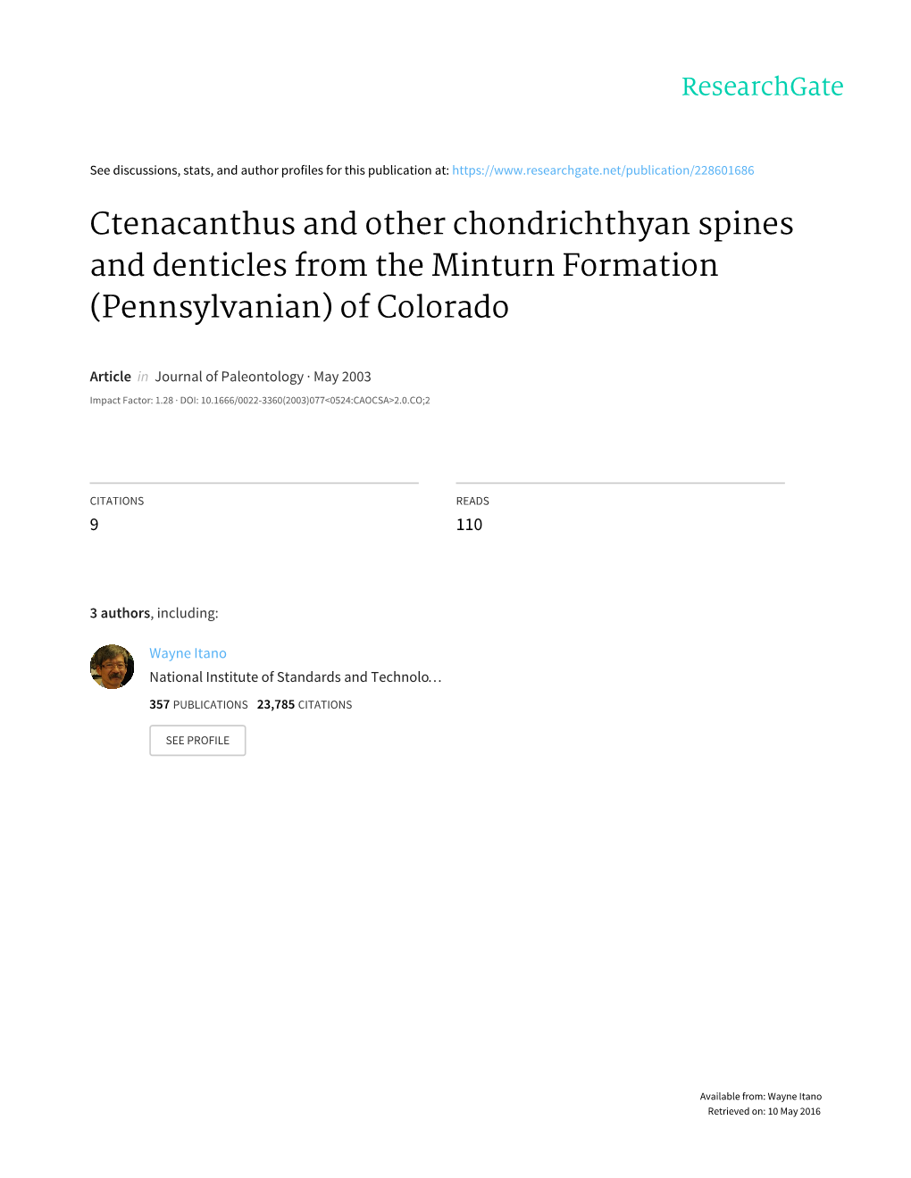 Ctenacanthus and Other Chondrichthyan Spines and Denticles from the Minturn Formation (Pennsylvanian) of Colorado