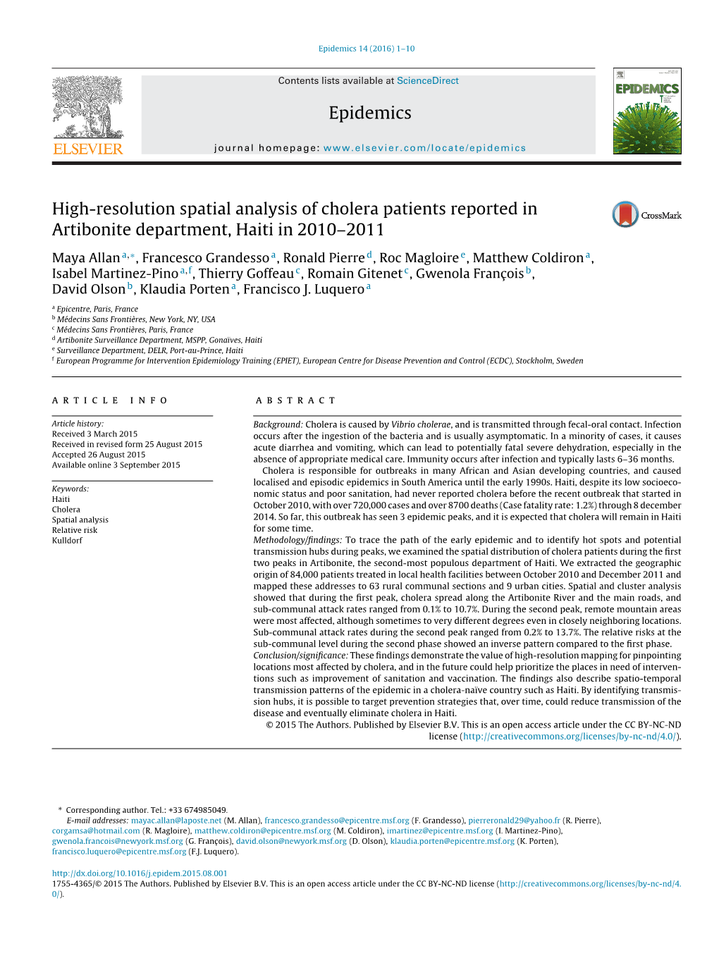 High-Resolution Spatial Analysis of Cholera Patients Reported In