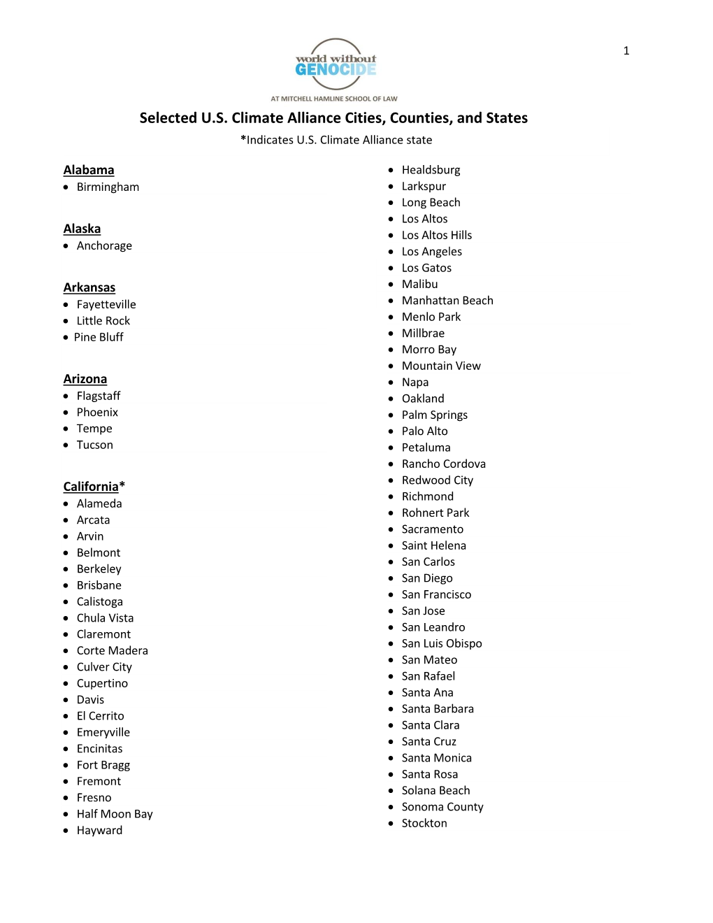 Selected U.S. Climate Alliance Cities, Counties, and States *Indicates U.S