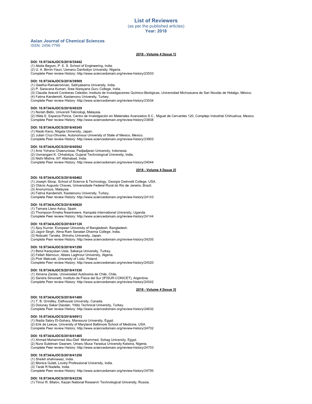 List of Reviewers (As Per the Published Articles) Year: 2018