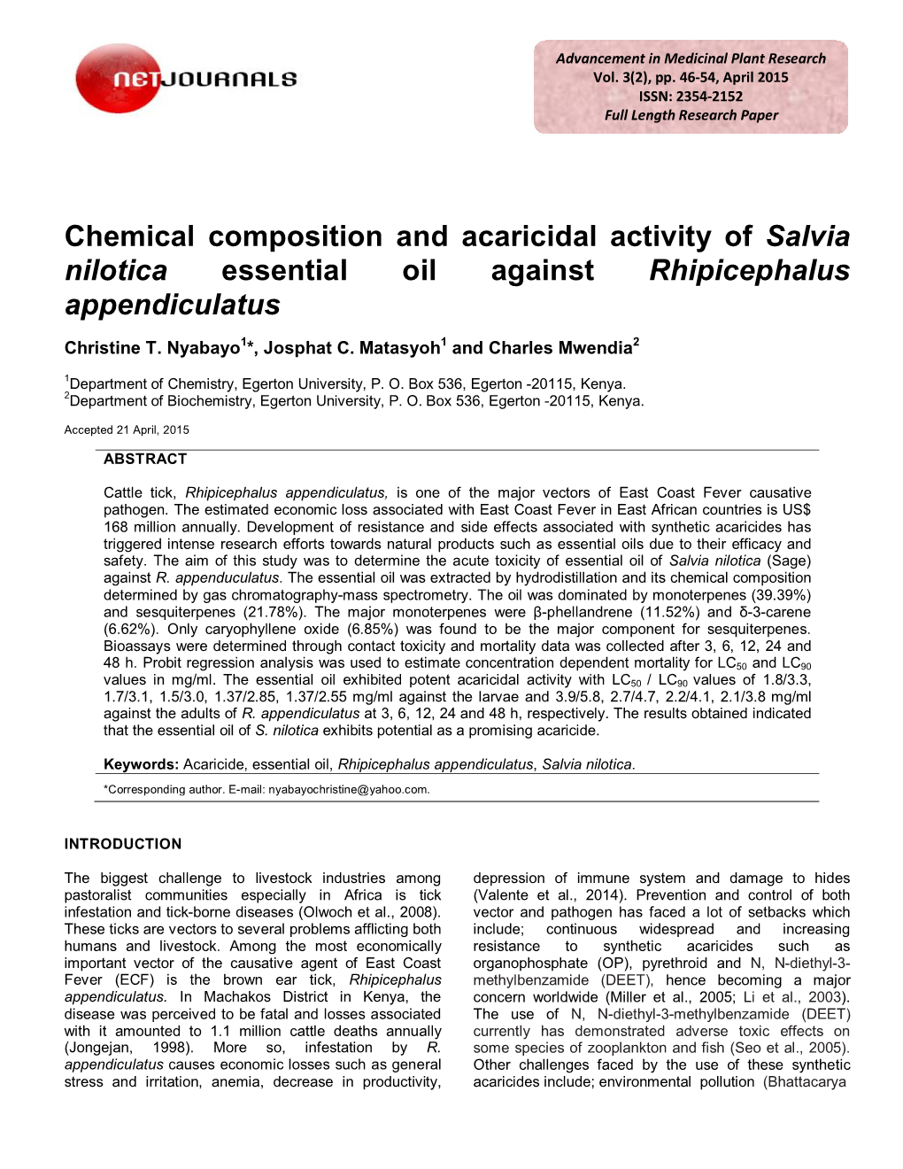 Chemical Composition and Acaricidal Activity of Salvia Nilotica Essential Oil Against Rhipicephalus Appendiculatus
