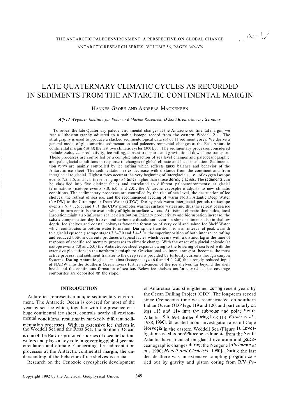 Late Quaternary Climatic Cycles As Recorded in Sediments from the Antarctic Continental Margin