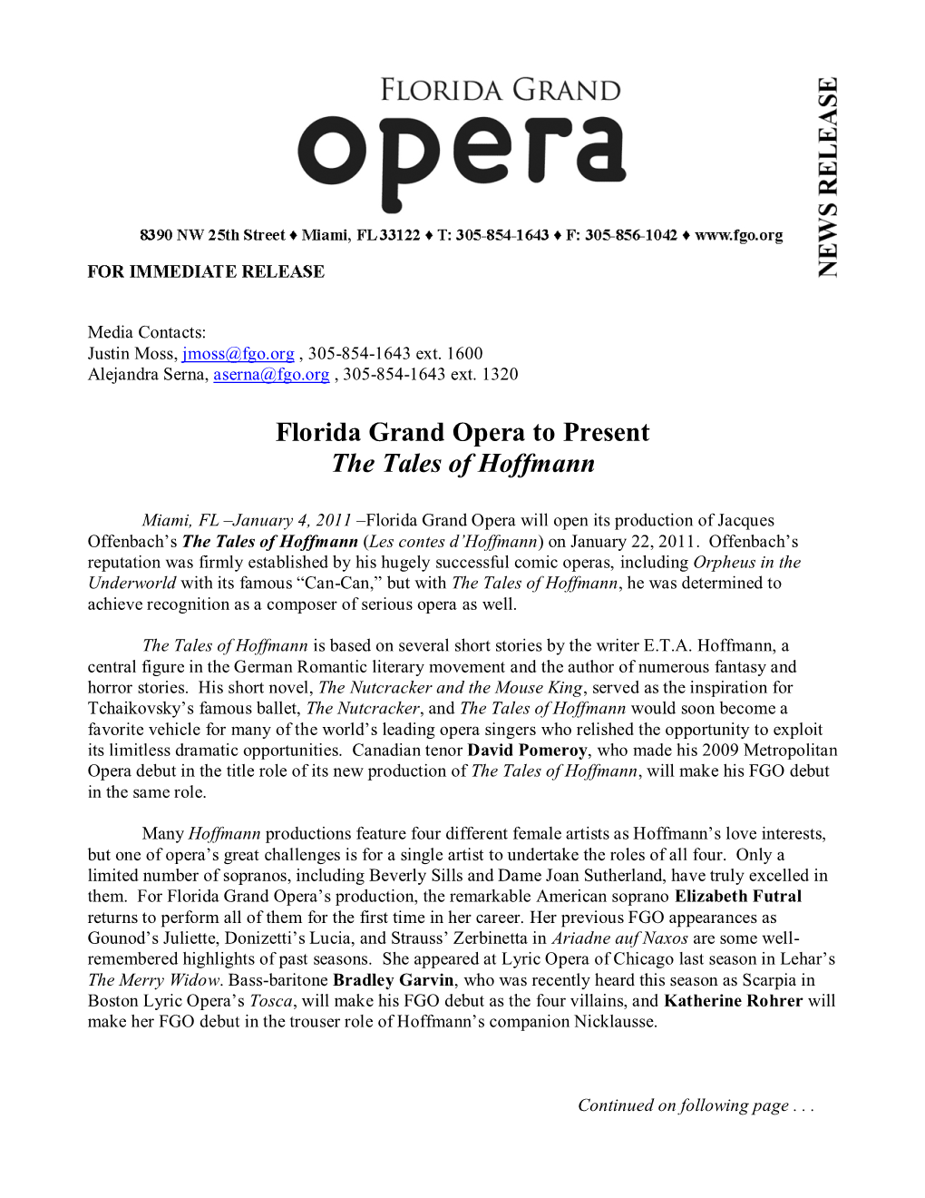 Florida Grand Opera to Present the Tales of Hoffmann