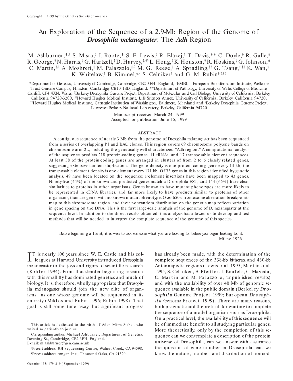 An Exploration of the Sequence of a 2.9-Mb Region of the Genome of Drosophila Melanogaster: the Adh Region