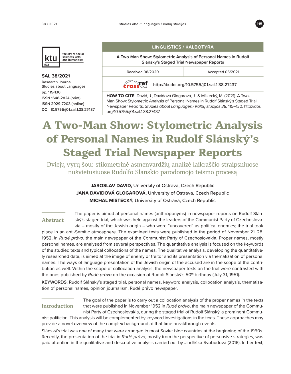 Stylometric Analysis of Personal Names in Rudolf Slánský's Staged