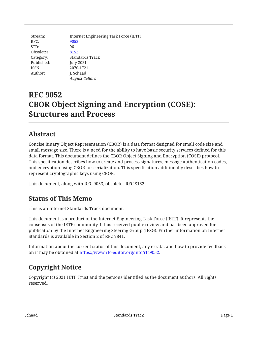 RFC 9052: CBOR Object Signing and Encryption (COSE): Structures And