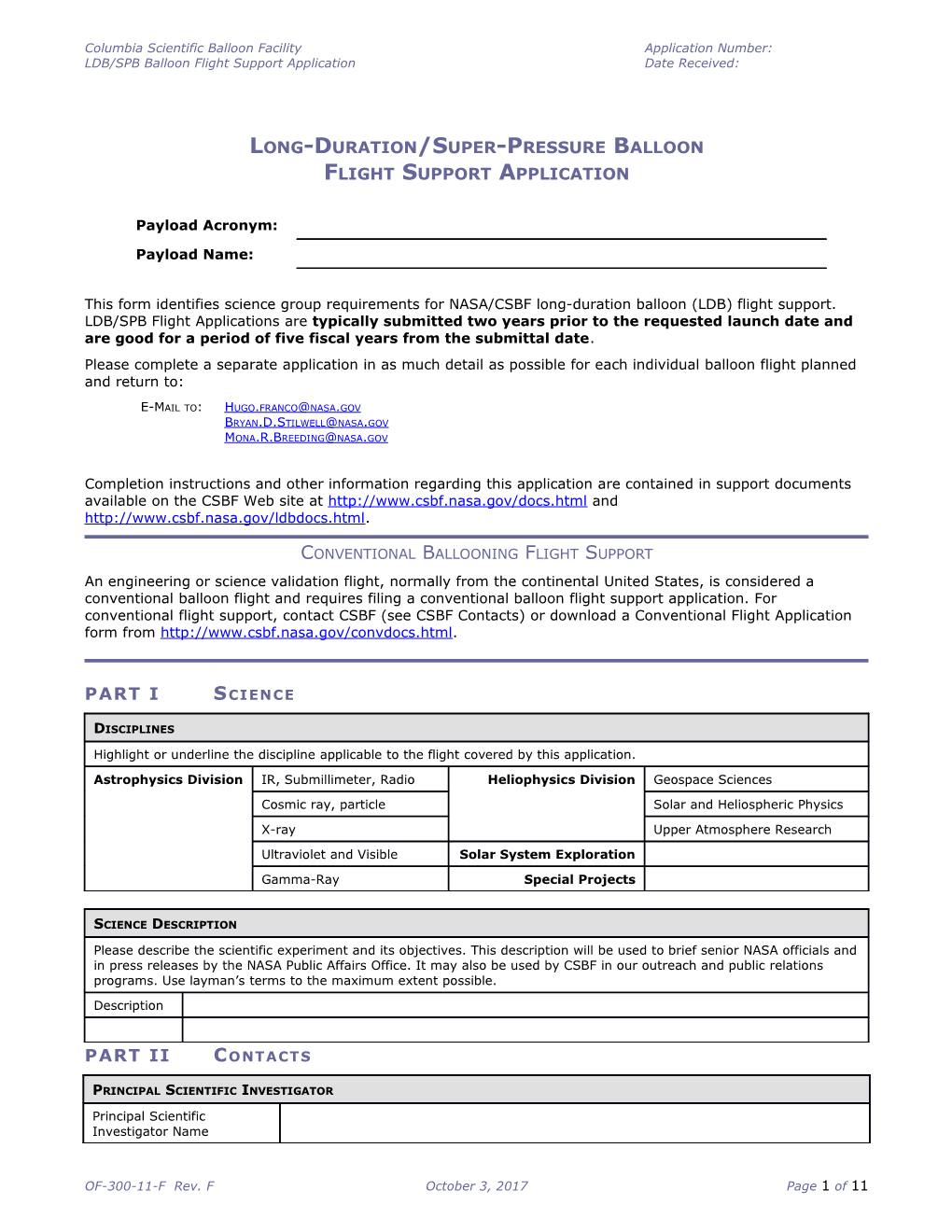 Columbia Scientific Balloon Facility Application Number