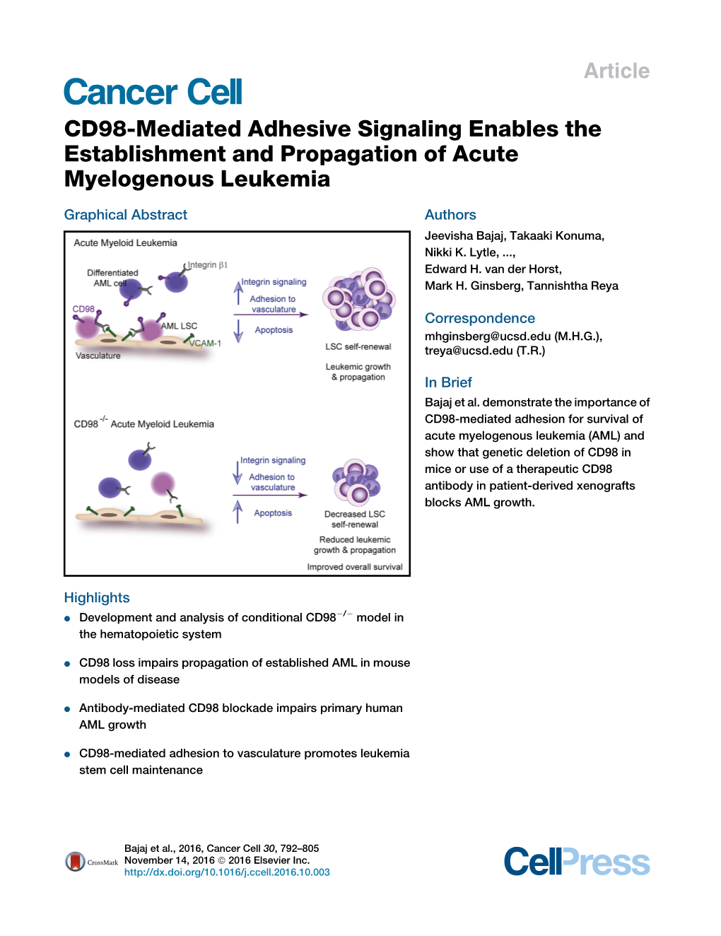 CD98-Mediated Adhesive Signaling Enables the Establishment and Propagation of Acute Myelogenous Leukemia