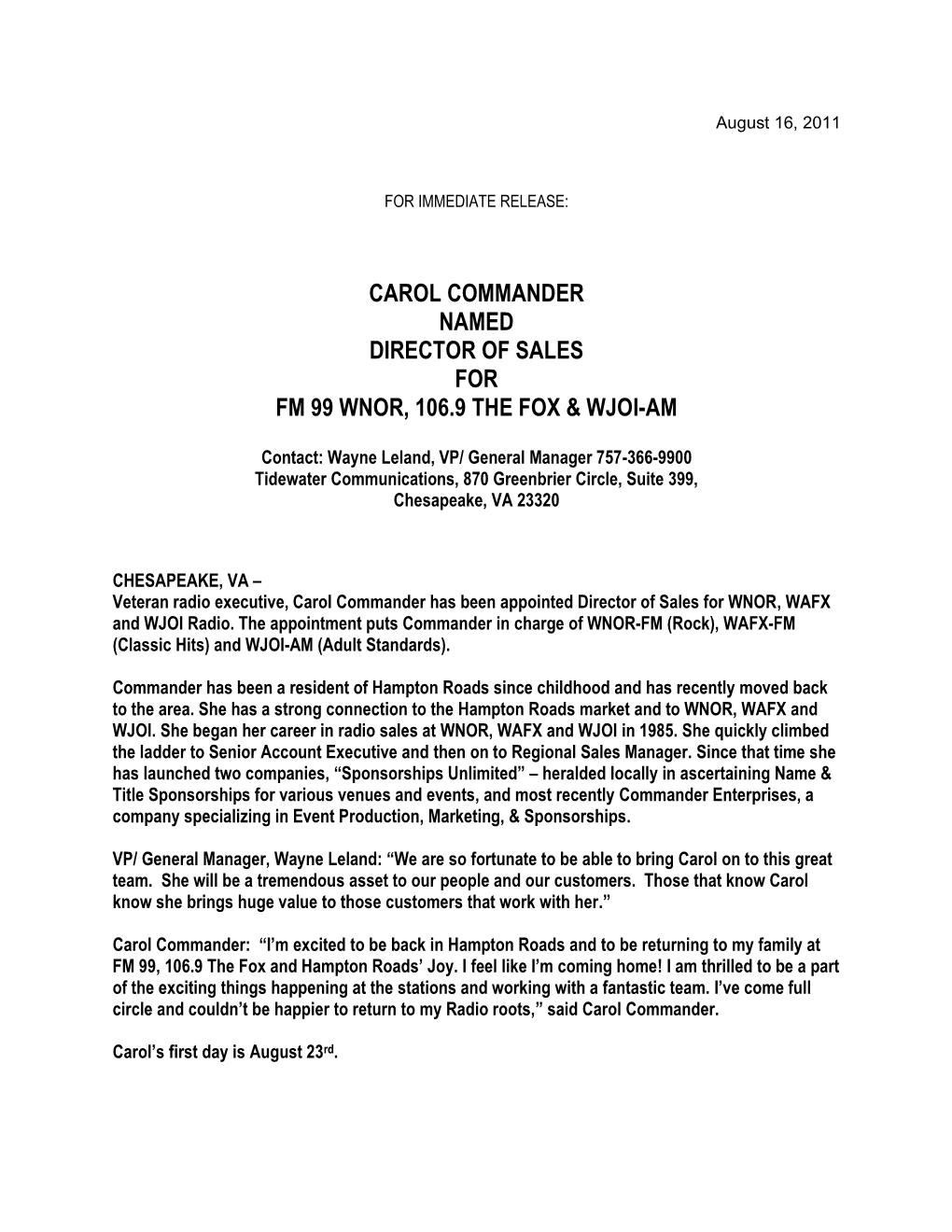 Carol Commander Named Director of Sales for Fm 99 Wnor, 106.9 the Fox & Wjoi-Am