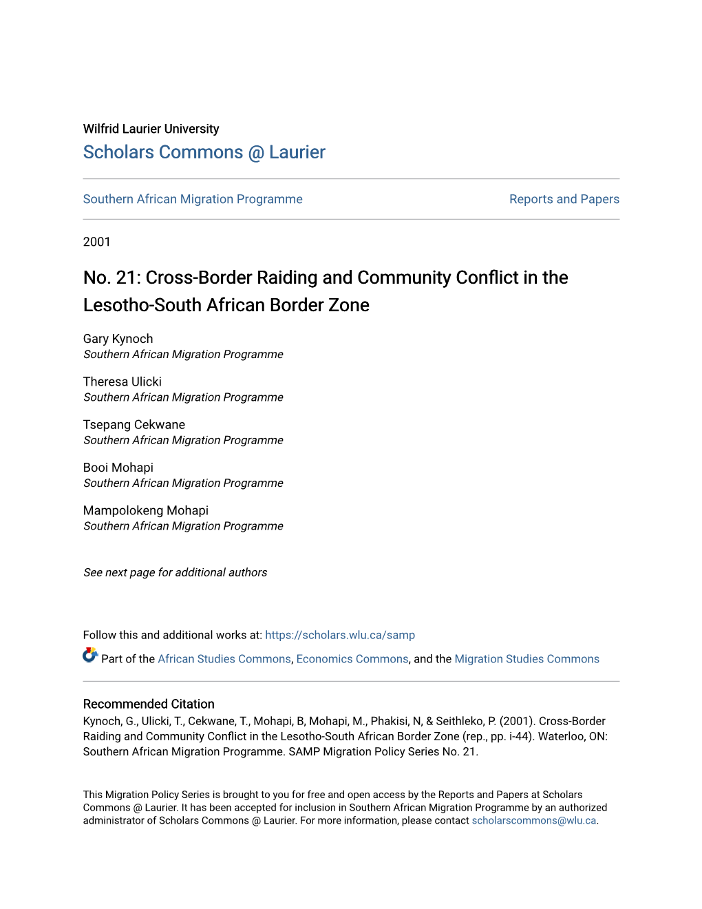 Cross-Border Raiding and Community Conflict in the Lesotho-South African Border Zone