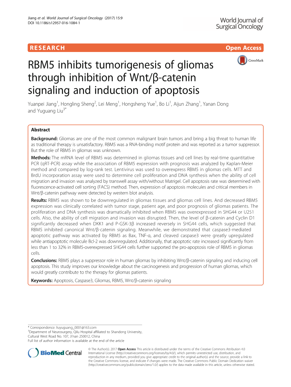 RBM5 Inhibits Tumorigenesis of Gliomas Through Inhibition of Wnt/Β-Catenin Signaling and Induction of Apoptosis