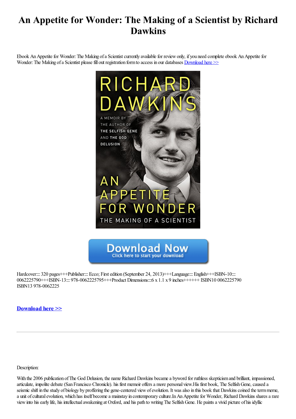An Appetite for Wonder: the Making of a Scientist by Richard Dawkins