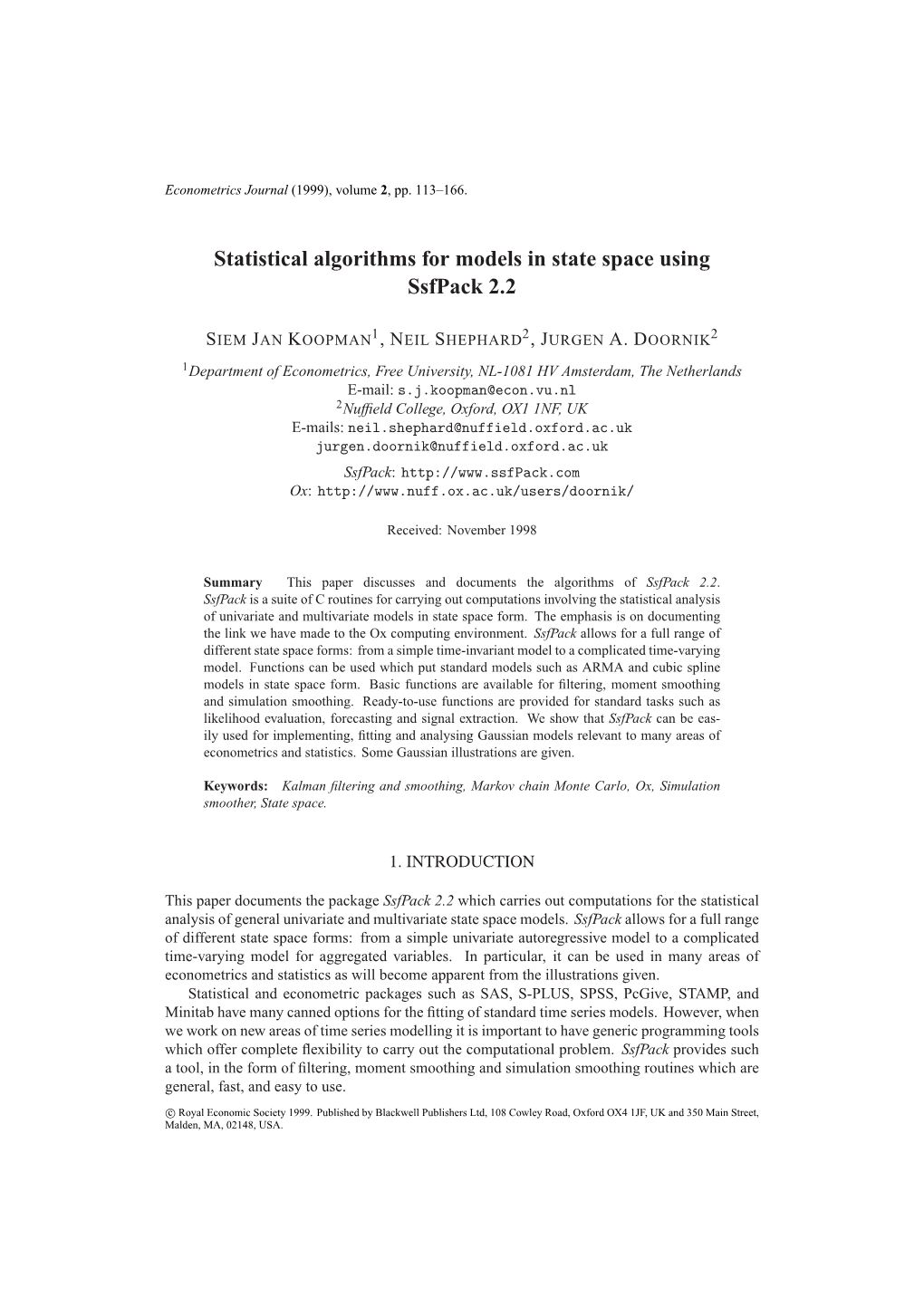 Statistical Algorithms for Models in State Space Using Ssfpack 2.2