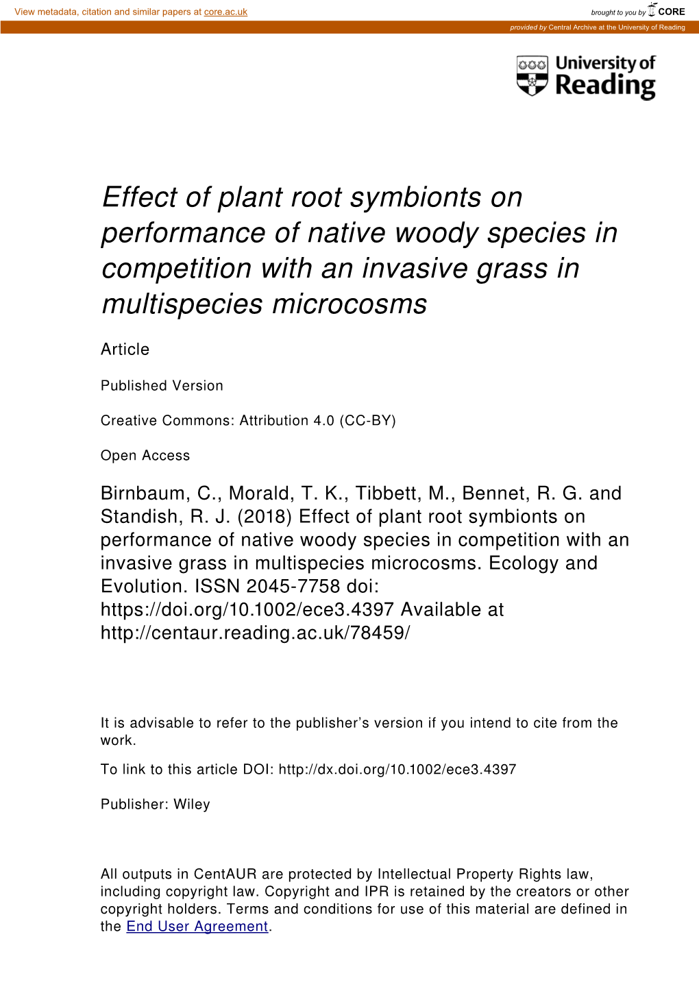 Effect of Plant Root Symbionts on Performance of Native Woody Species in Competition with an Invasive Grass in Multispecies Microcosms