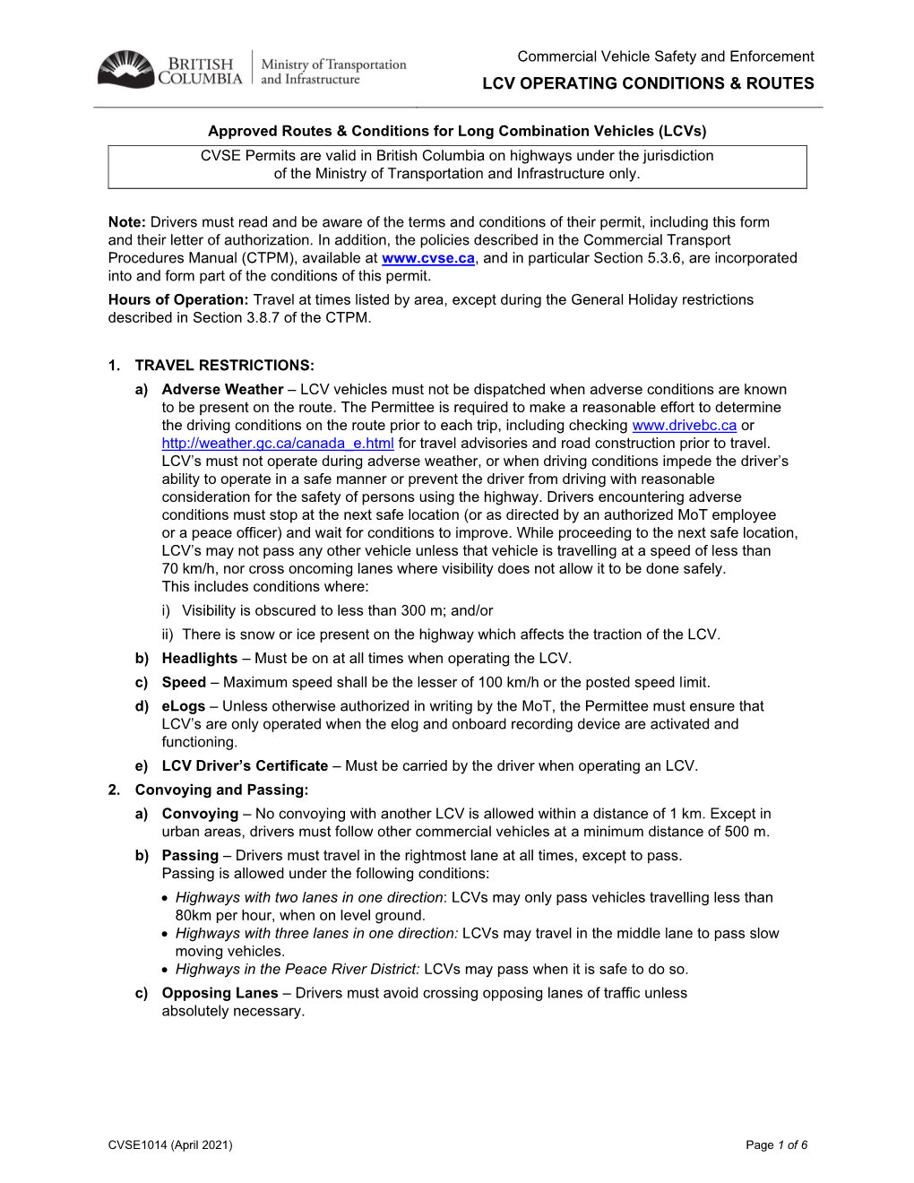 CVSE1014 LCV Operating Conditions & Routes