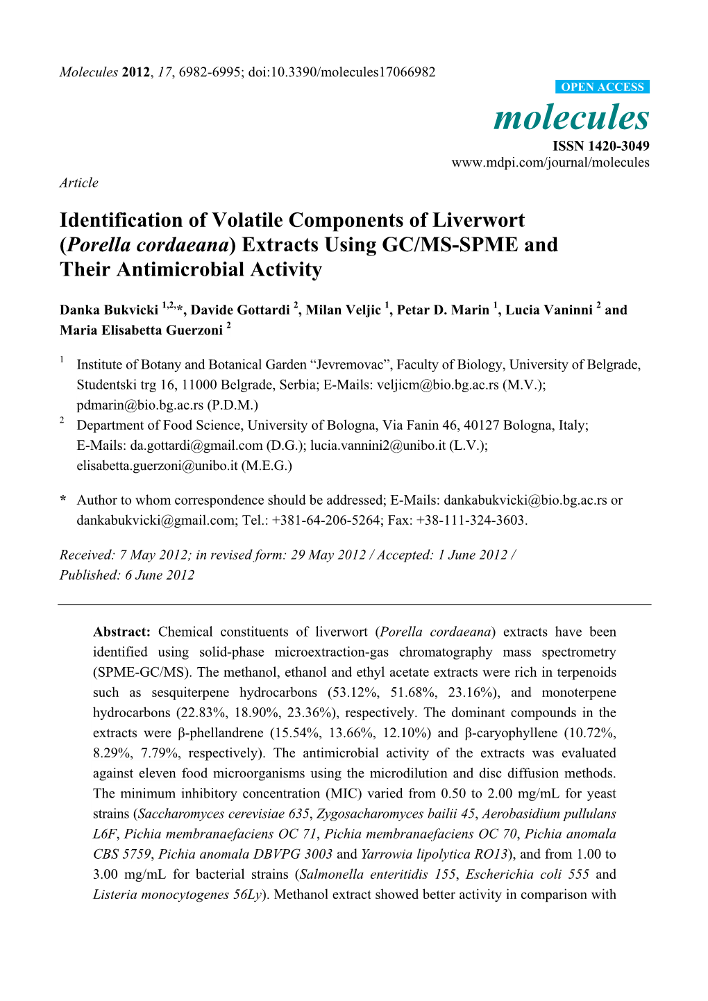 (Porella Cordaeana) Extracts Using GC/MS-SPME and Their Antimicrobial Activity