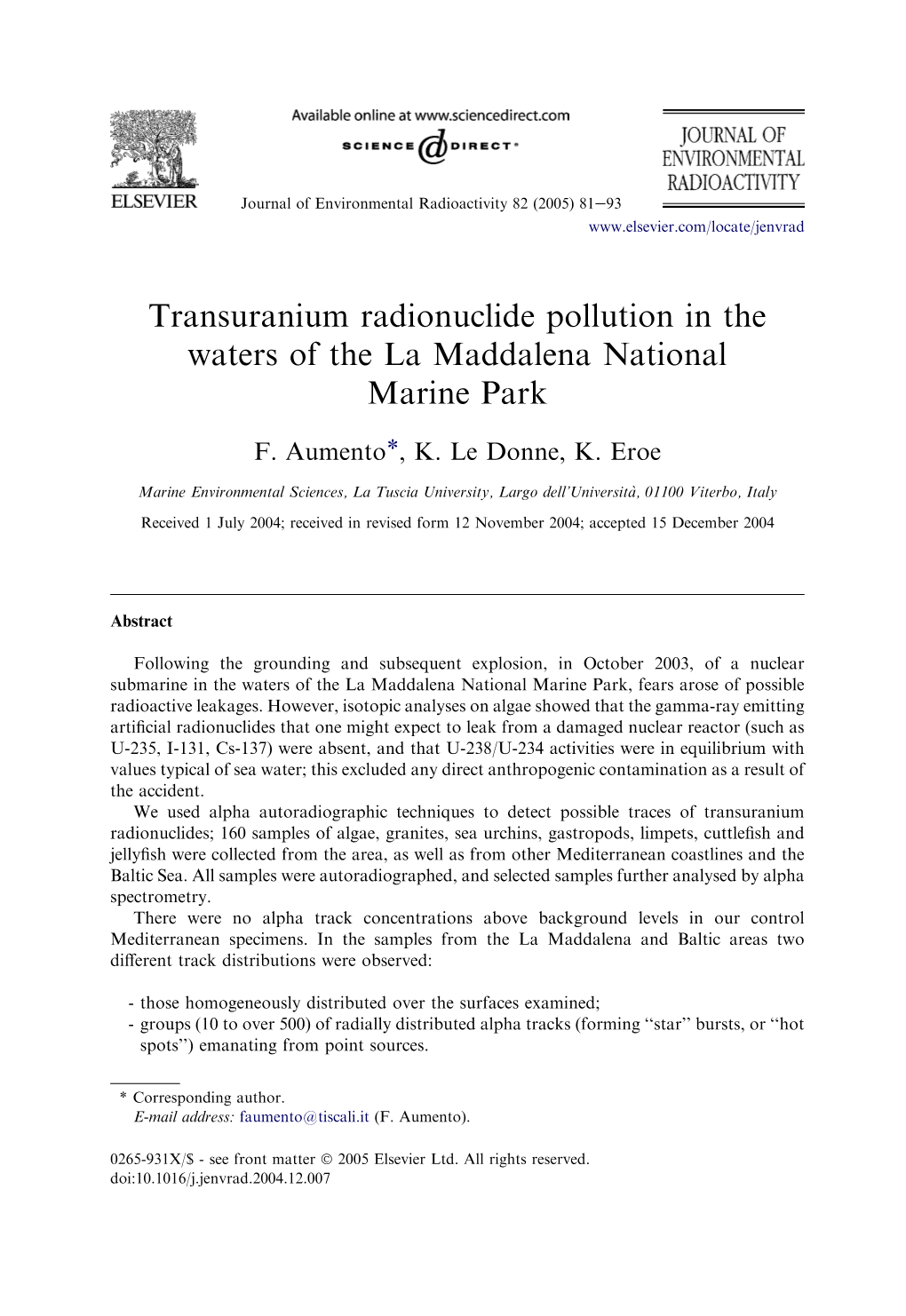 Transuranium Radionuclide Pollution in the Waters of the La Maddalena National Marine Park