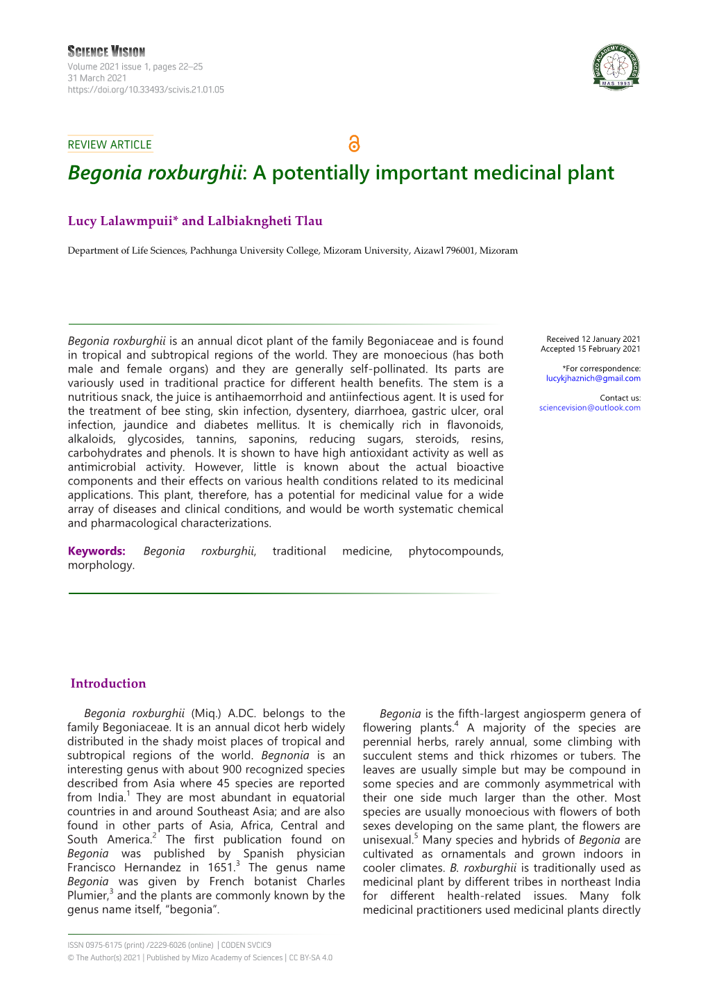 Begonia Roxburghii: a Potentially Important Medicinal Plant