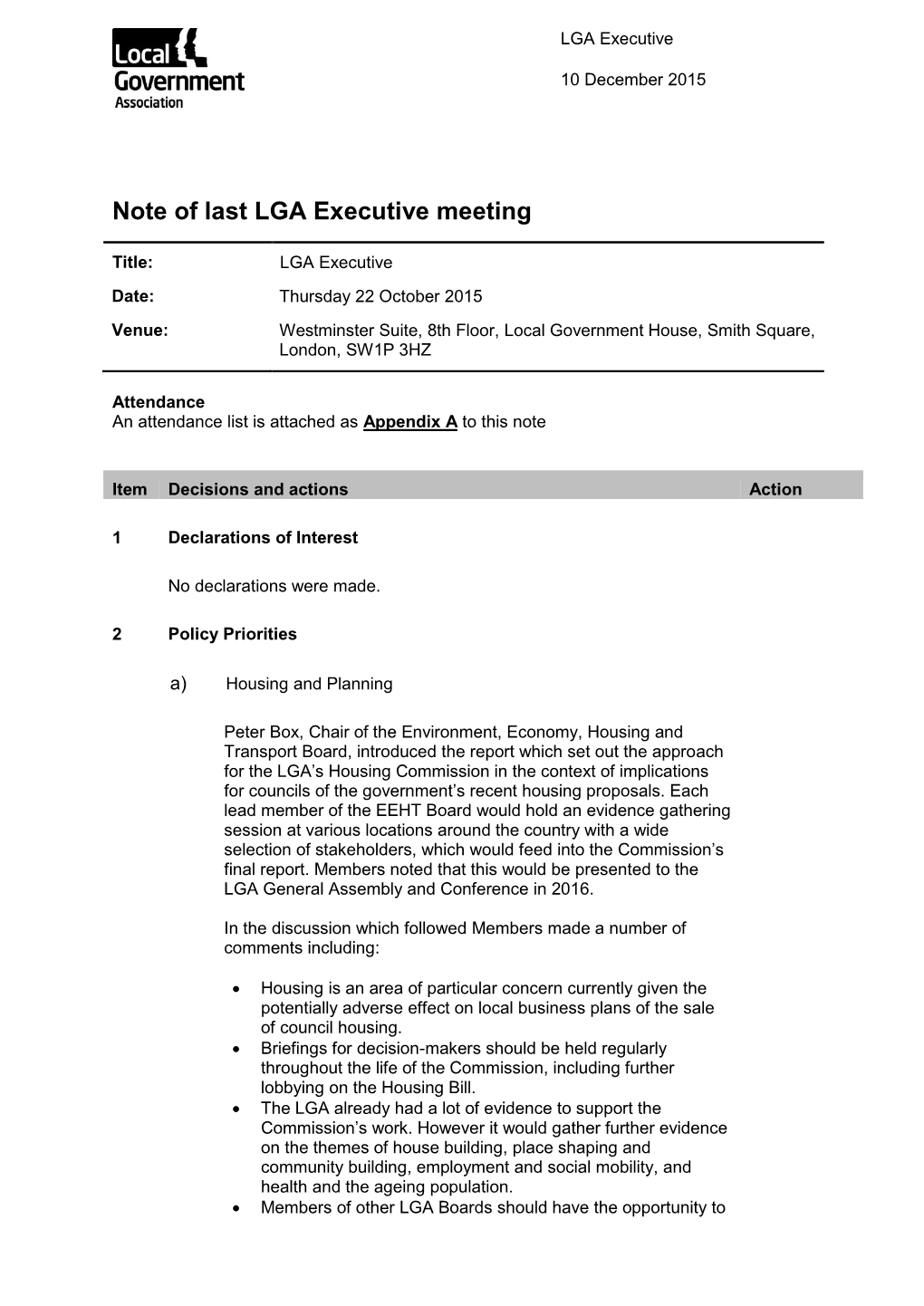 Note of Last LGA Executive Meeting