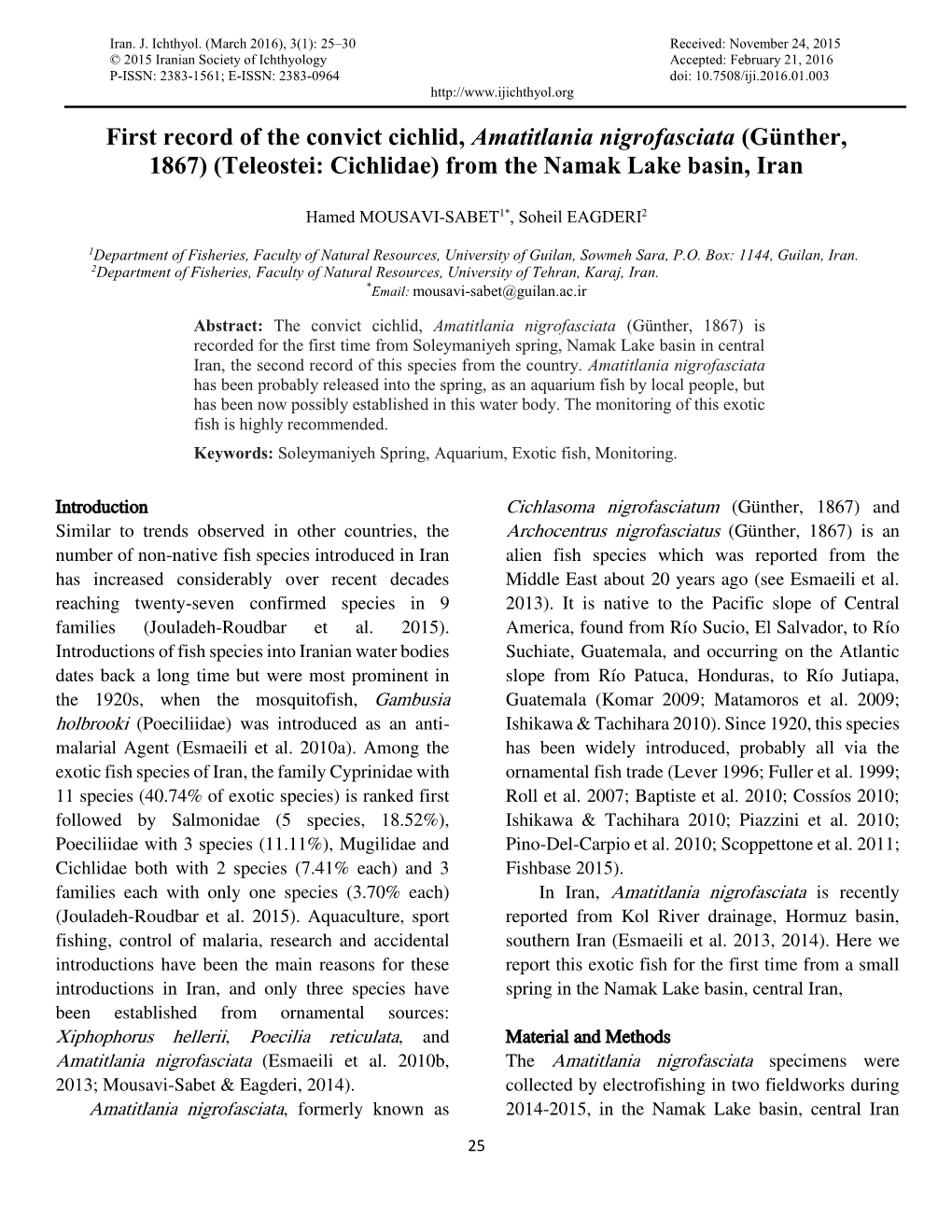 First Record of the Convict Cichlid, Amatitlania Nigrofasciata (Günther, 1867) (Teleostei: Cichlidae) from the Namak Lake Basin, Iran