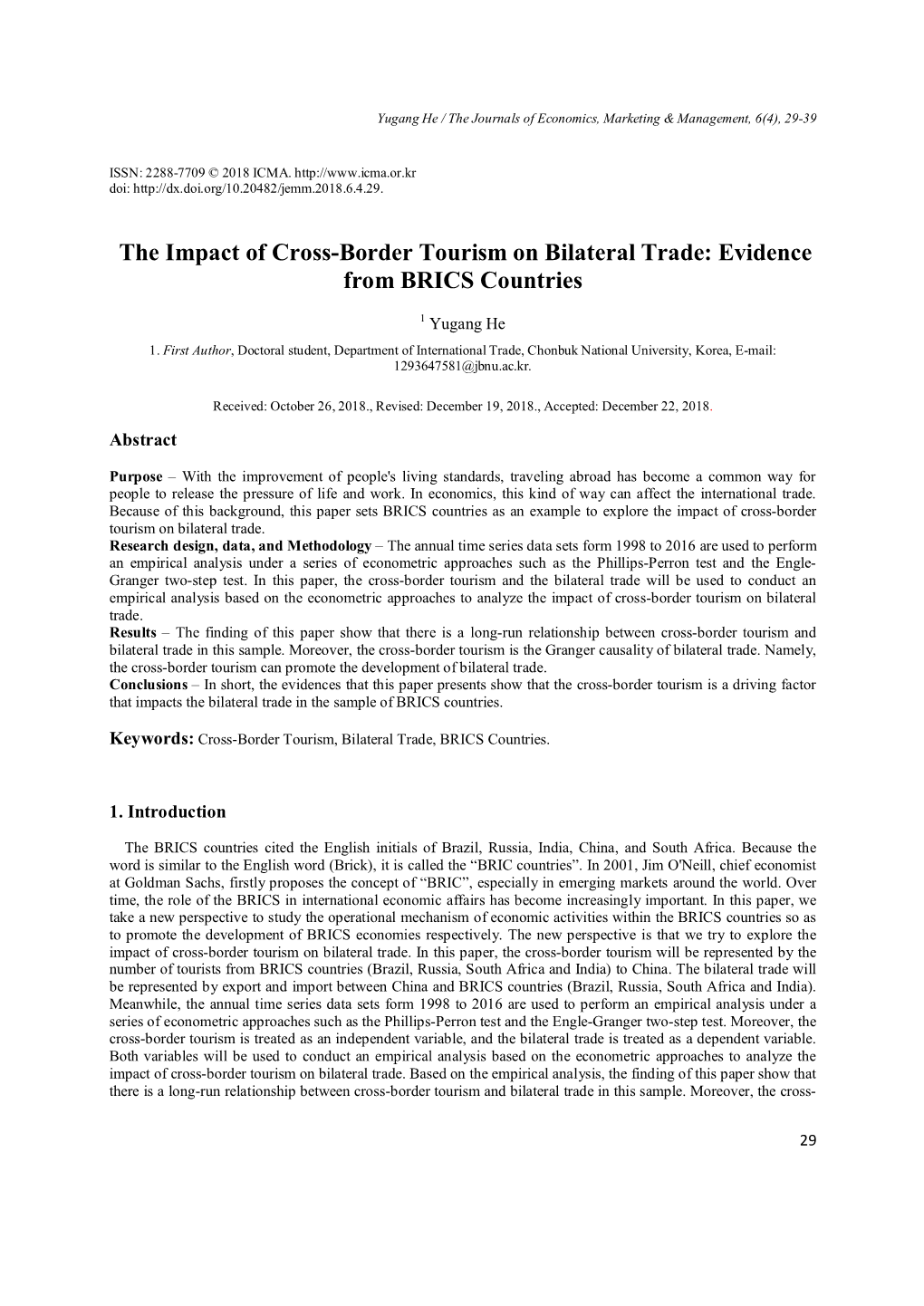 The Impact of Cross-Border Tourism on Bilateral Trade: Evidence from BRICS Countries