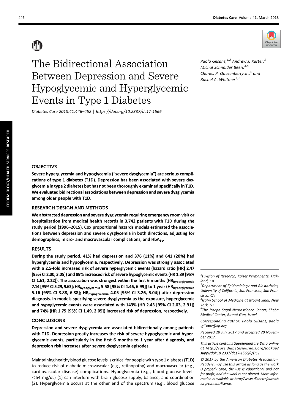 The Bidirectional Association Between Depression and Severe Hypoglycemic and Hyperglycemic Events in Type 1 Diabetes