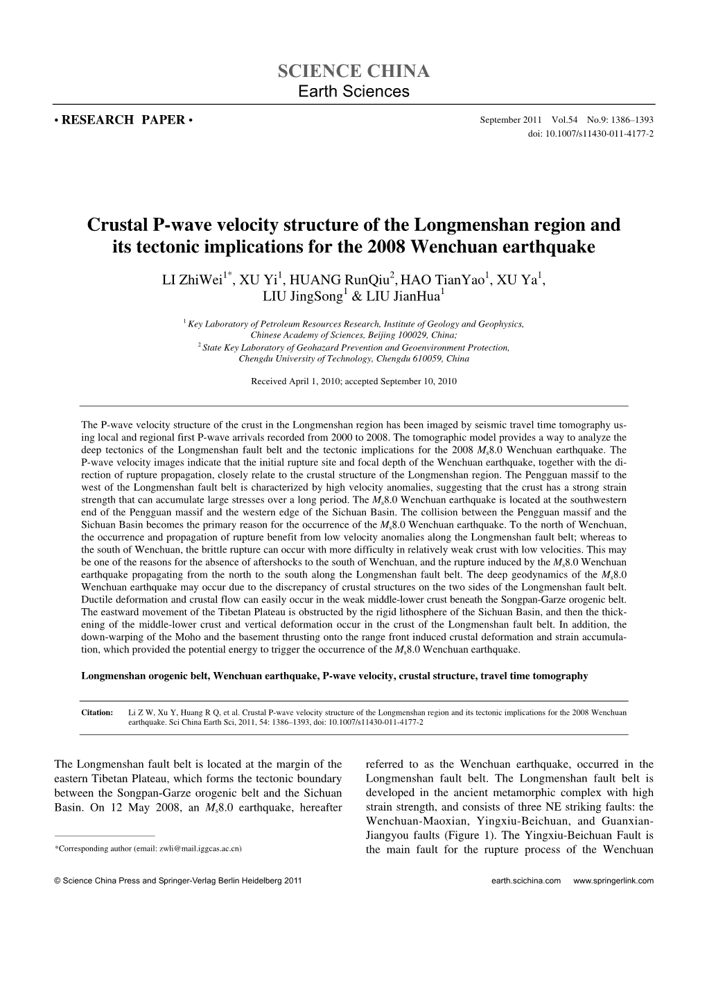 SCIENCE CHINA Crustal P-Wave Velocity Structure of the Longmenshan Region and Its Tectonic Implications for the 2008 Wenchuan Ea