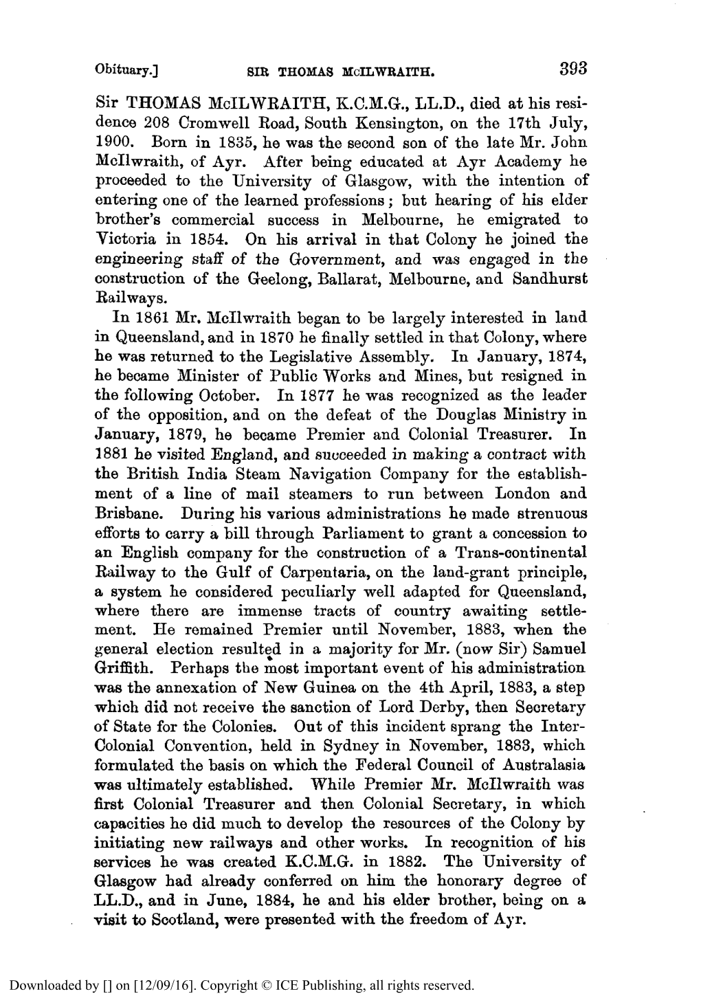 Obituary. Sir Thomas Mcilwraith, K.C.M.G., Ll.D., 1835-1900