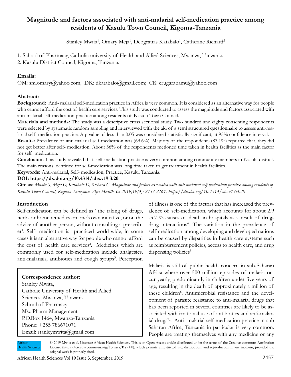 Magnitude and Factors Associated with Anti-Malarial Self-Medication Practice Among Residents of Kasulu Town Council, Kigoma-Tanzania