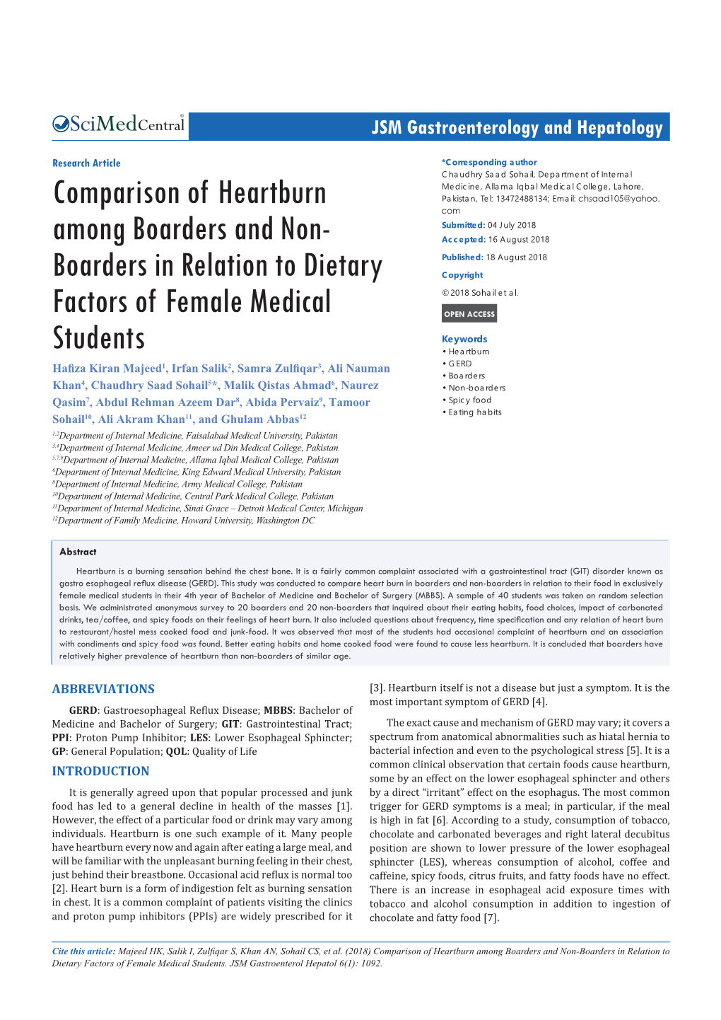 Comparison of Heartburn Among Boarders and Non-Boarders in Relation to Dietary Factors of Female Medical Students