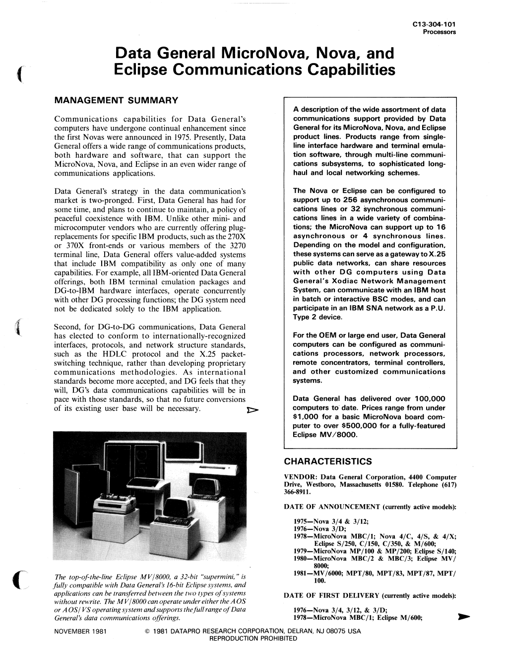 Data General Micronova, Nova, and Eclipse Communications Capabilities