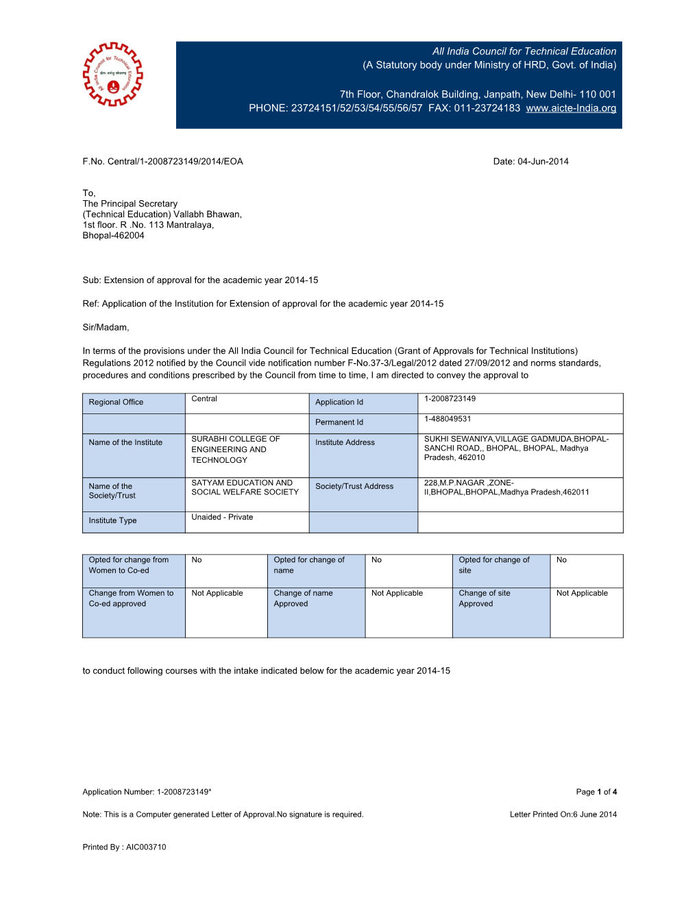 India Council for Technical Education (A Statutory Body Under Ministry of HRD, Govt