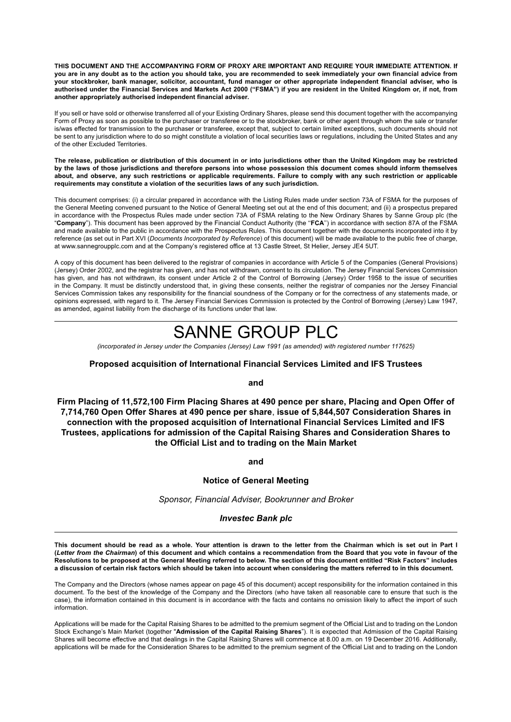 Sanne Group Plc (The “Company”)