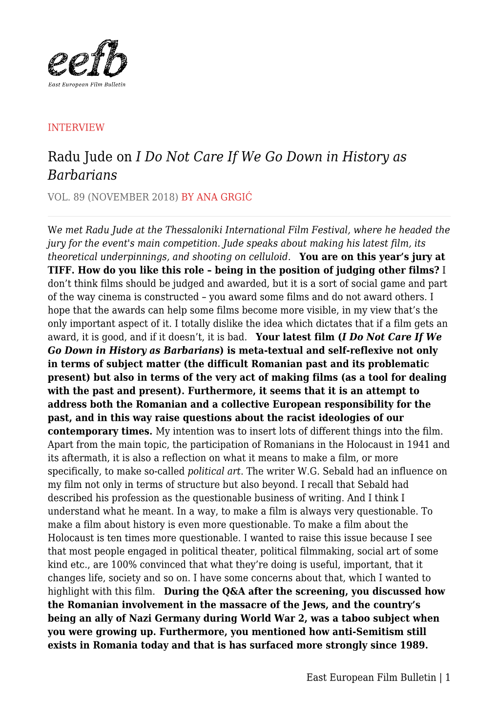 Radu Jude on I Do Not Care If We Go Down in History As Barbarians VOL