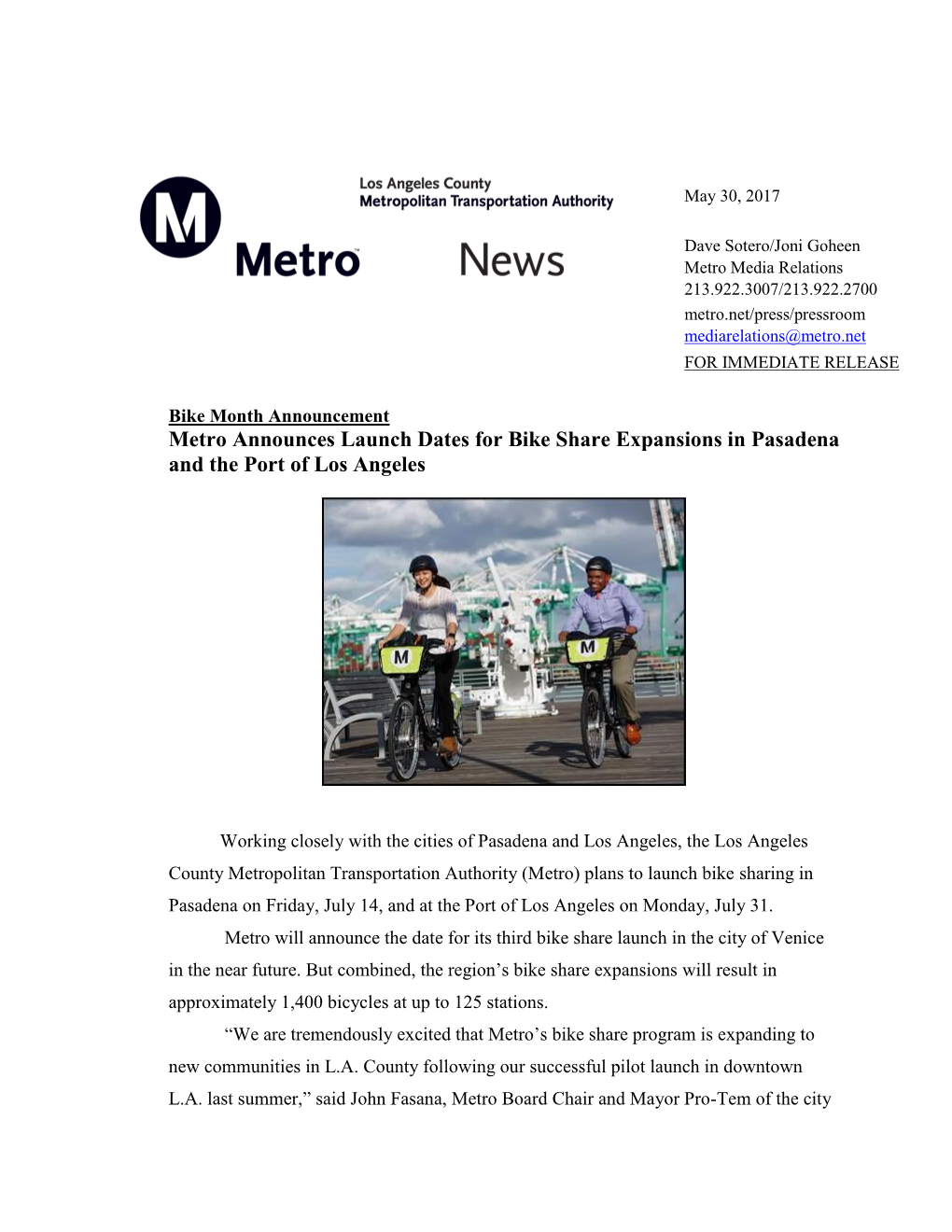 Metro Announces Launch Dates for Bike Share Expansions in Pasadena and the Port of Los Angeles