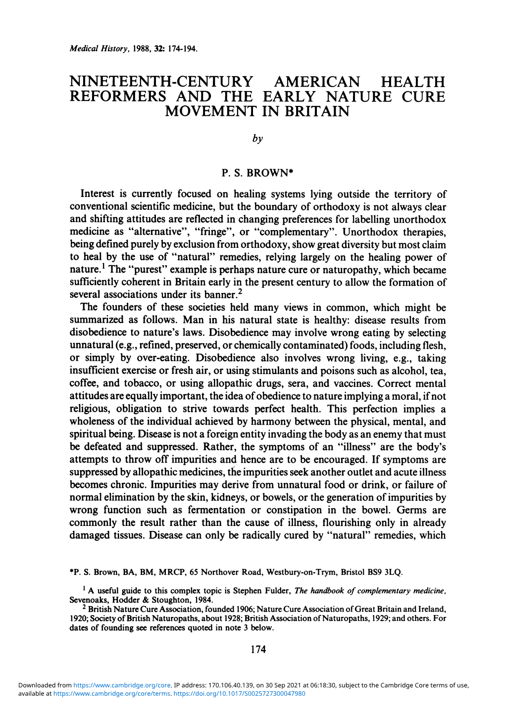 NINETEENTH-CENTURY AMERICAN HEALTH REFORMERS and the EARLY NATURE CURE MOVEMENT in BRITAIN By