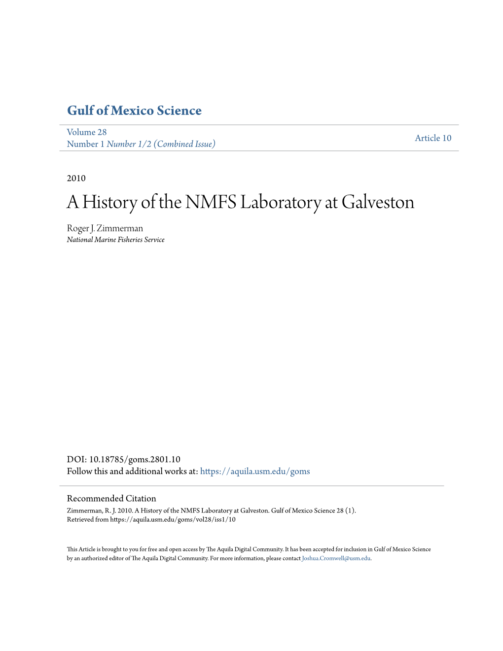 A History of the NMFS Laboratory at Galveston Roger J