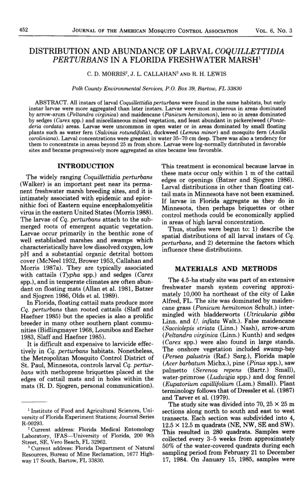 Distribution and Abundance of Larval Coquillettidia