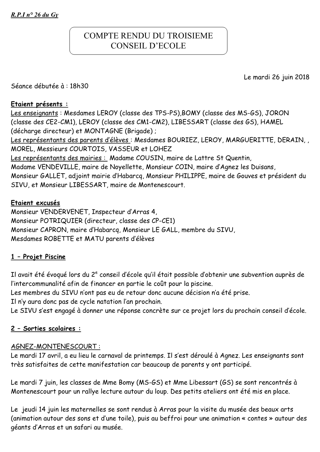 Compte Rendu Du Troisieme Conseil D'ecole