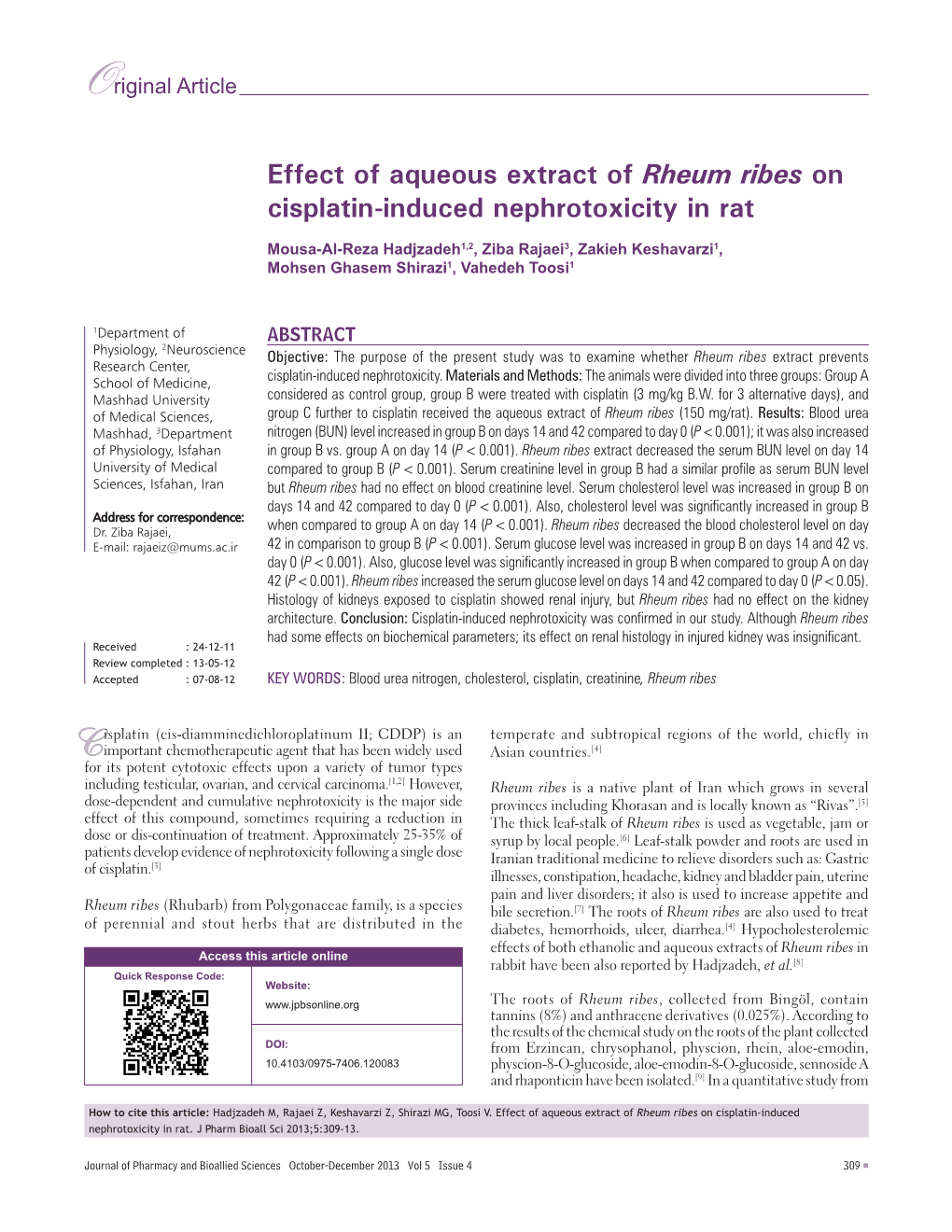 Effect of Aqueous Extract of Rheum Ribes on Cisplatin‑Induced Nephrotoxicity in Rat