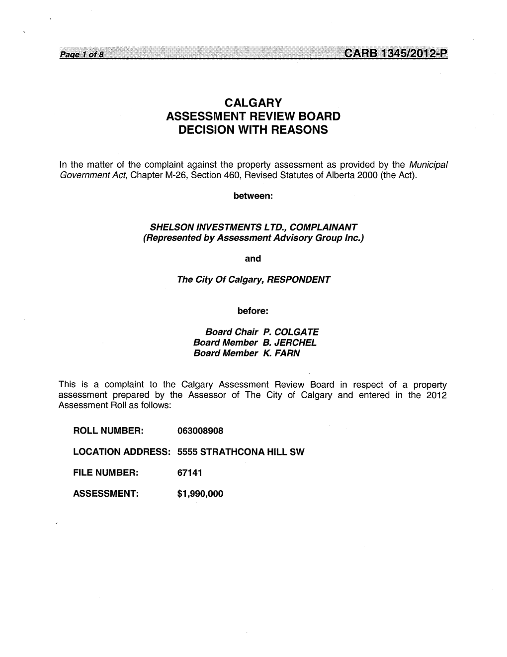 ·· Garb 1345/2012'-P Calgary Assessment Review Board