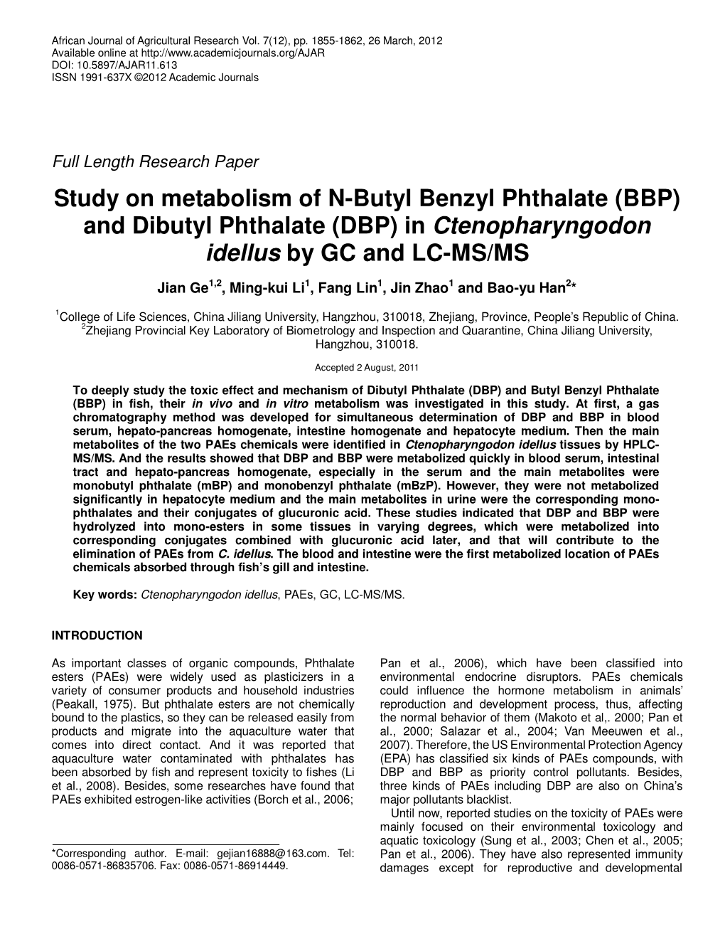 And Dibutyl Phthalate (DBP) in Ctenopharyngodon Idellus by GC and LC-MS/MS